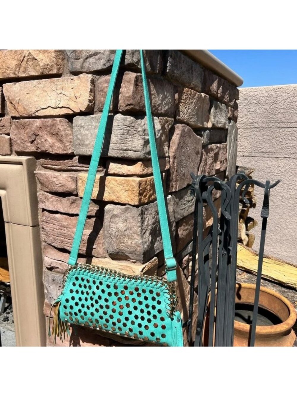 Turquoise Leather Purse With Gold Chain Accent Cutout Design Tassel Zipper Pull